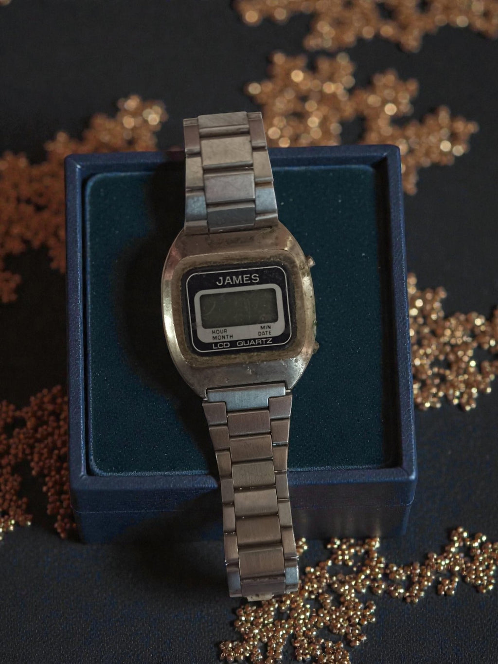 Montre homme vintage James LCD quartz rétro, bracelet métallique, ancienne