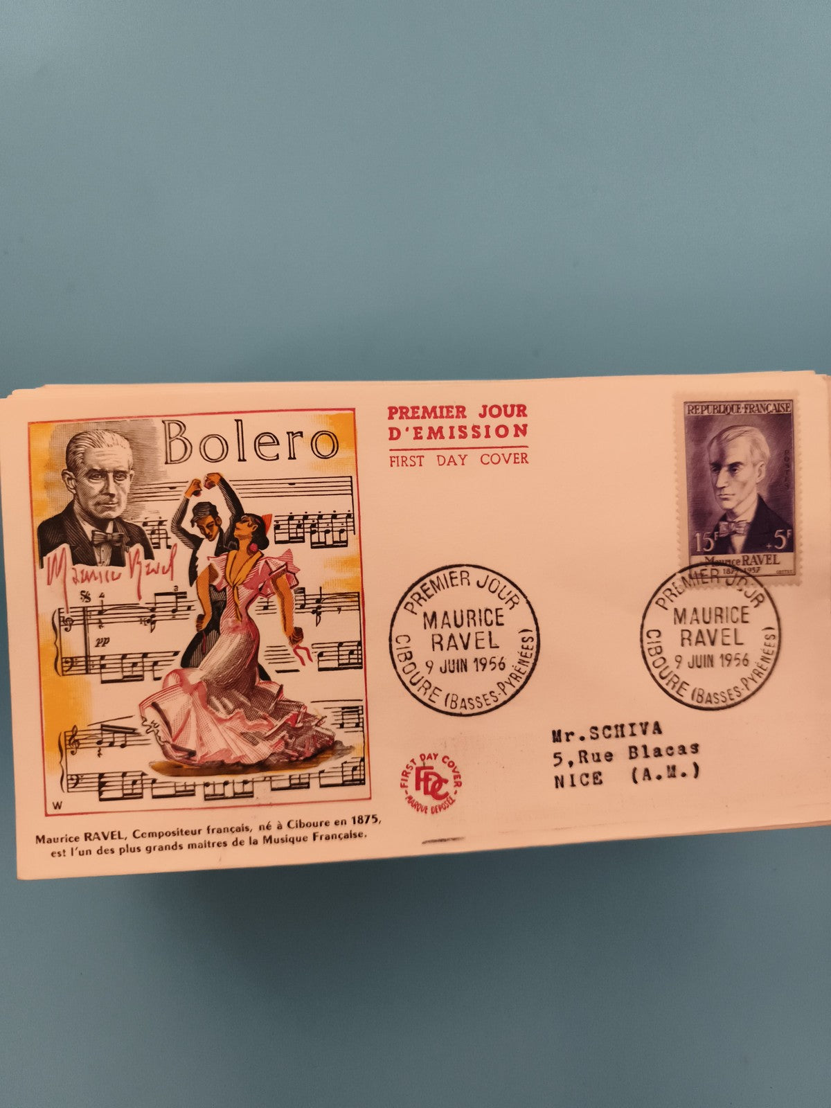 Enveloppe premier jour Bolero Maurice Ravel 1956 timbre France philatélie