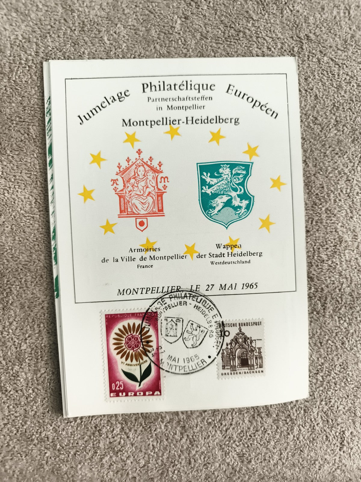 Lettre philatélique Montpellier Heidelberg 1965 timbres Europa jumelage