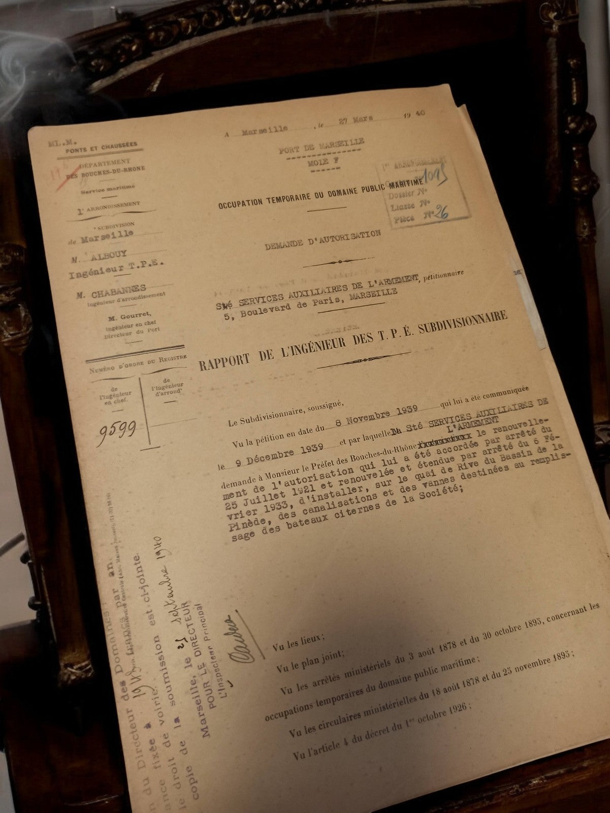 Document administratif ancien Marseille 1940 rapport pont port TPE subdivisionna