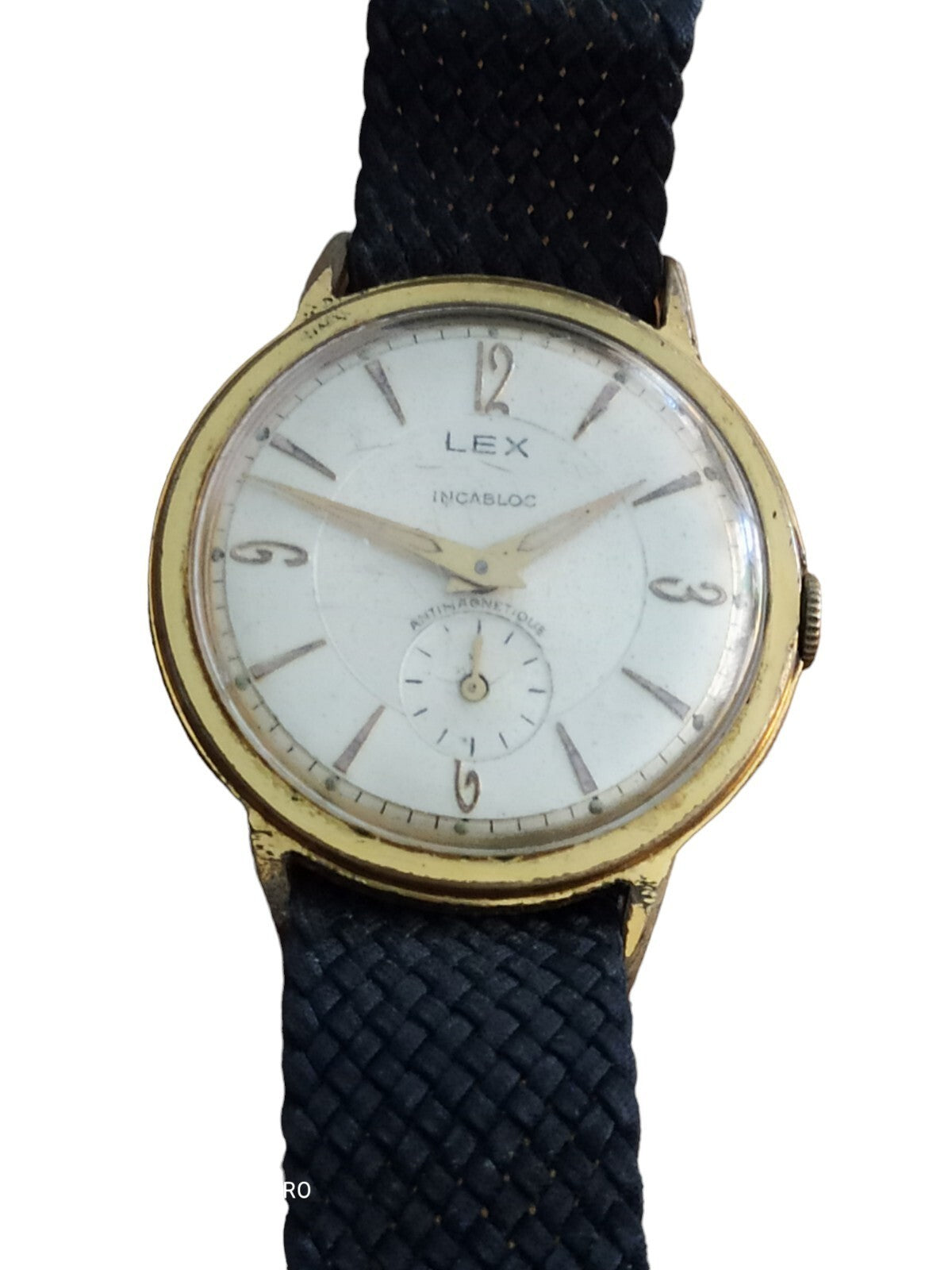 Montre vintage LEX Incabloc automatique cadran blanc, bracelet tressé bleu