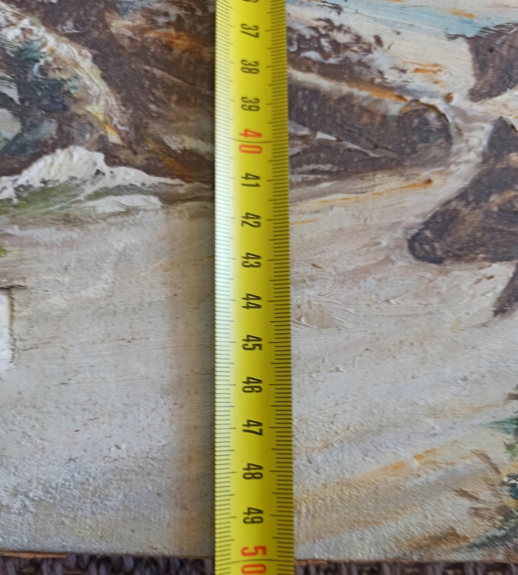 Tableau original signé A. Mottie sangliers forêt neige, peinture scène hivernale