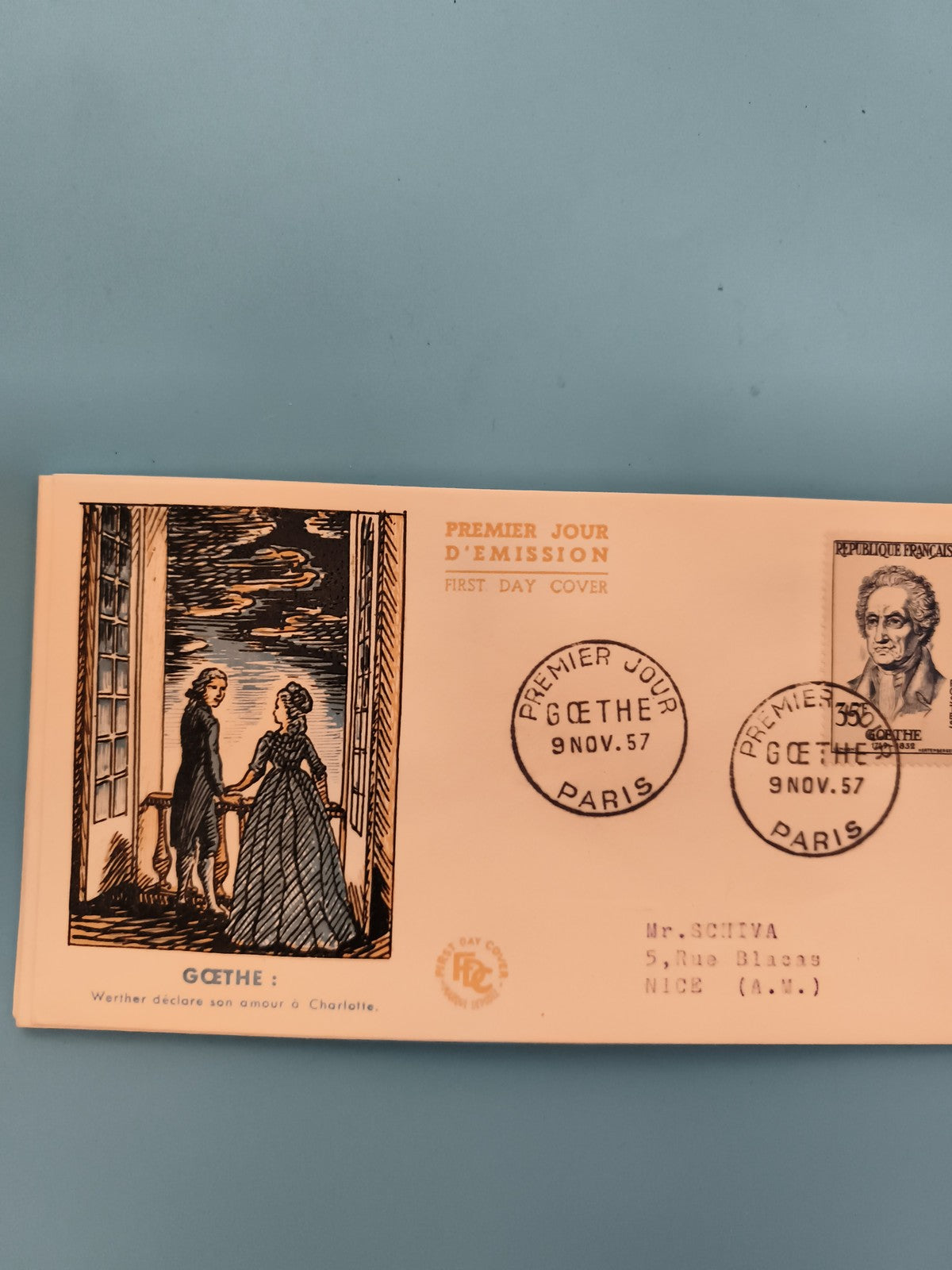Lettre Premier Jour Goethe 1957 Paris FDC illustration Werther philatélie (Ref 2