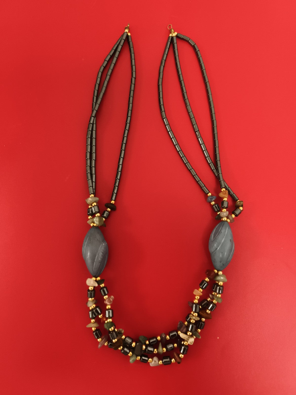 Collier ancien perles hématite pierres naturelles multirangs vintage