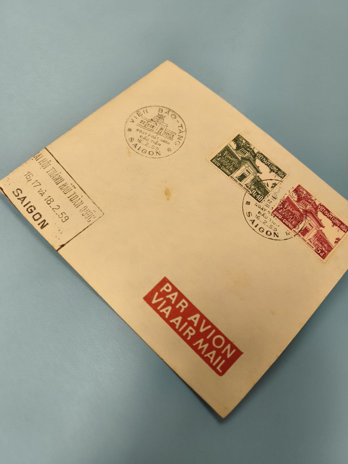 Ancienne enveloppe timbrée oblitérée Saigon 1959 Par Avion philatélie vintage