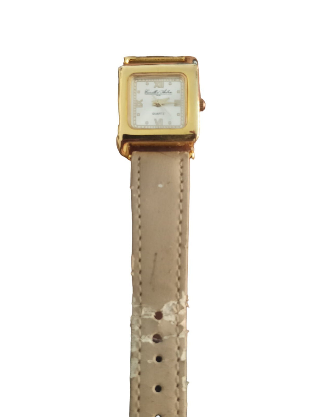 Montre vintage Camille d'Aubrac quartz cadran carré doré, bracelet clair rétro