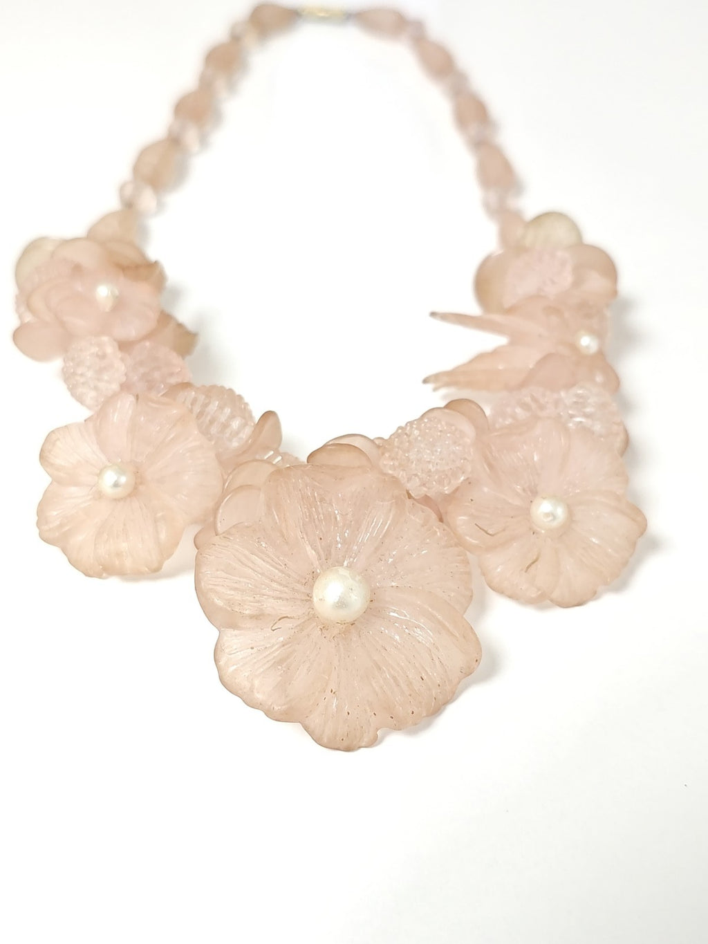 Collier ancien vintage fleur, matières naturelles, bijou rétro artisanal rare