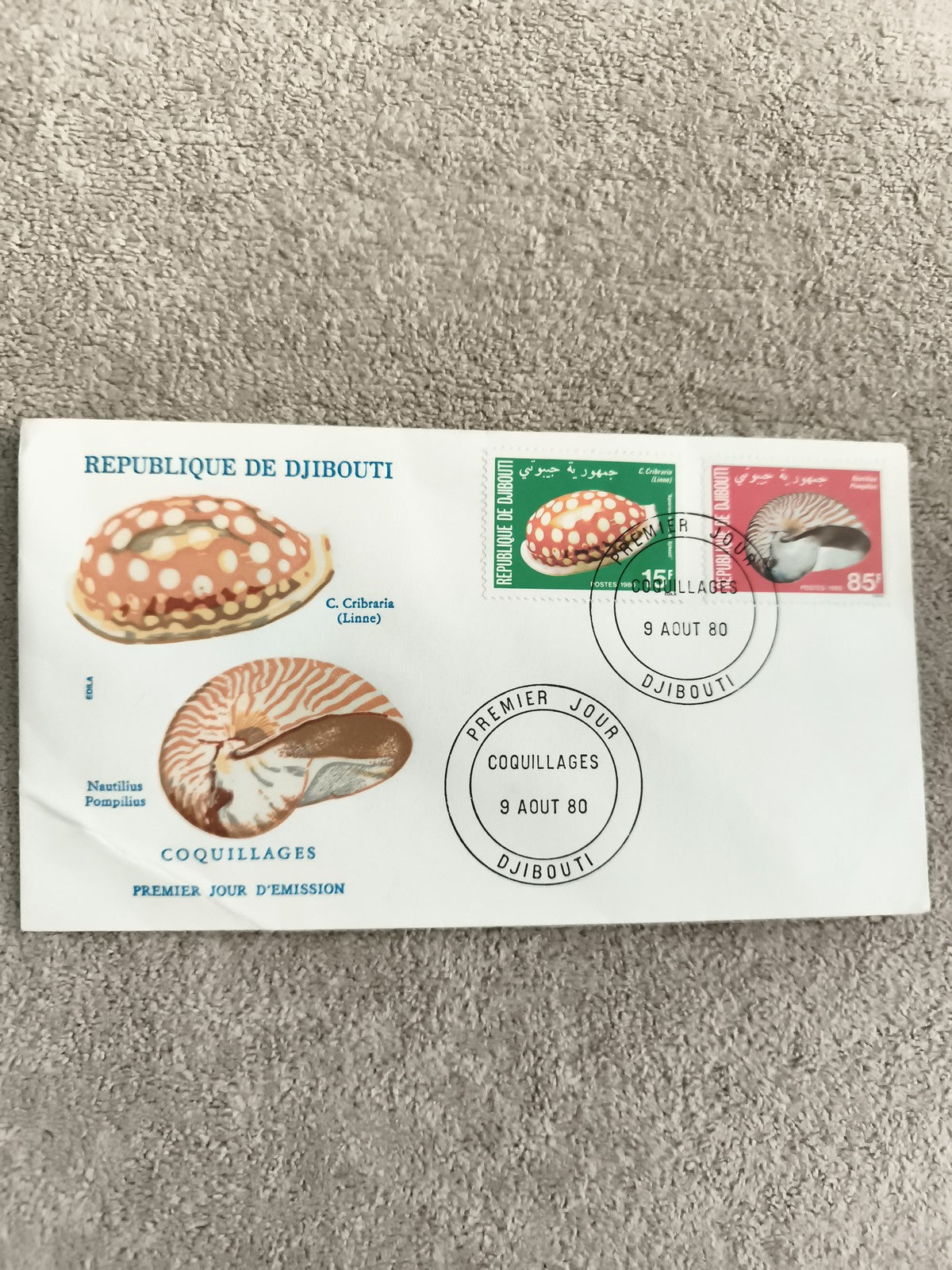 Lettre FDC Djibouti coquillages 1980 timbres C. Cribraria Nautilus philatélie