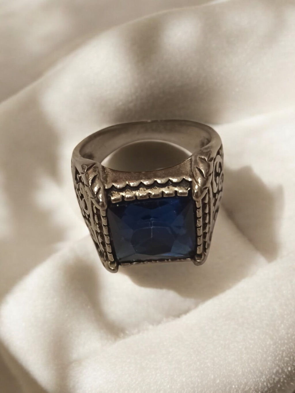 Bague homme vintage laiton pierre bleue carré style rétro taille 62 ancien