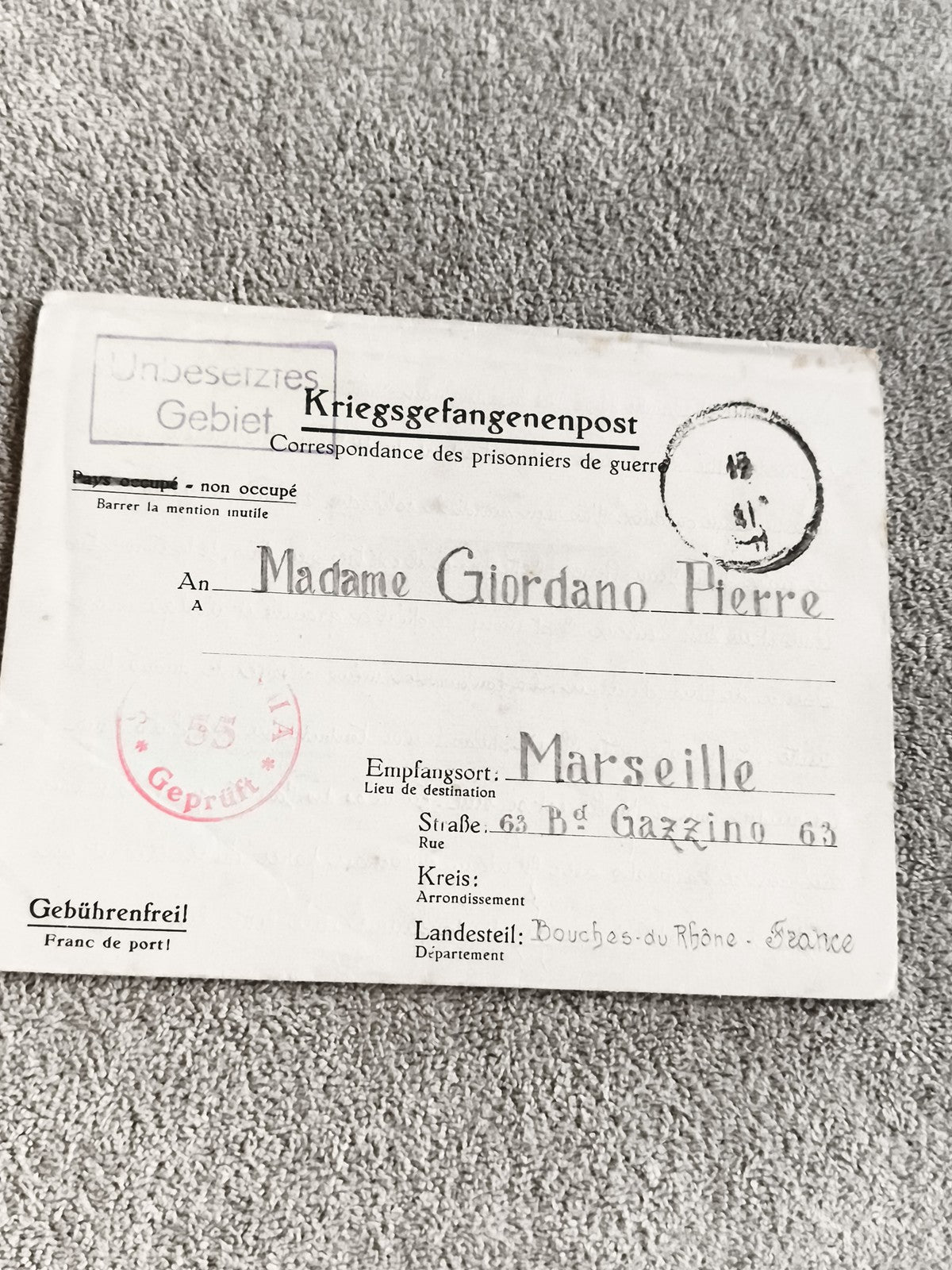 Ancien document Kriegsgefangenenpost prisonnier guerre WWII Marseille