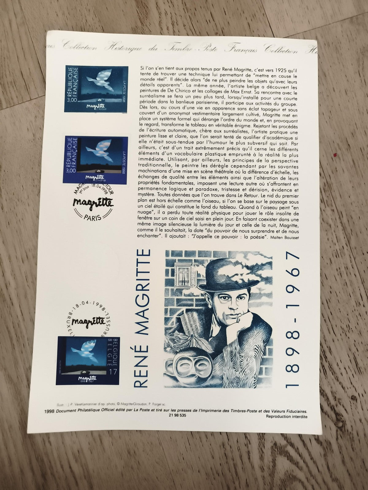 Feuillet philatélique René Magritte 1998 timbres France Belgique surréalisme
