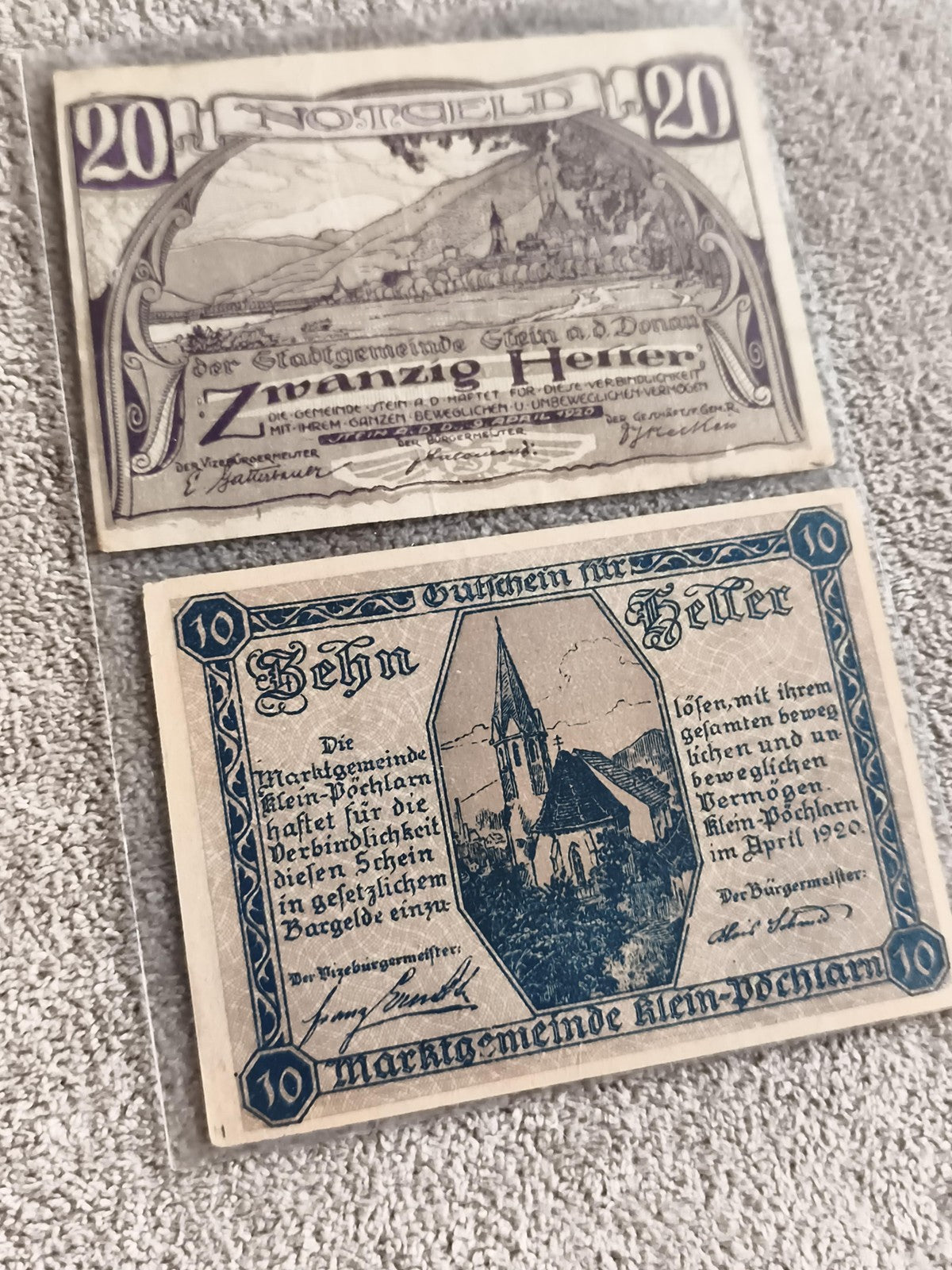 Anciens billets Notgeld Autriche 1920, 20 Heller Stein Donau, 10 Heller Klein-Pö