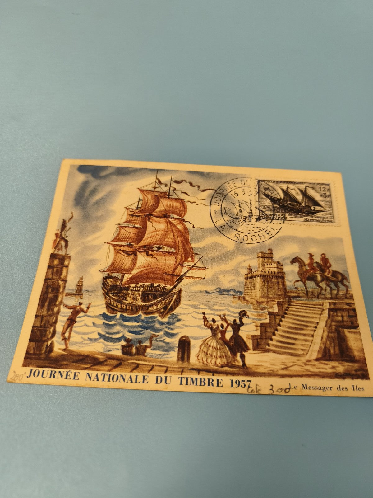 Carte postale philatélie Journée du Timbre 1957 voilier La Rochelle