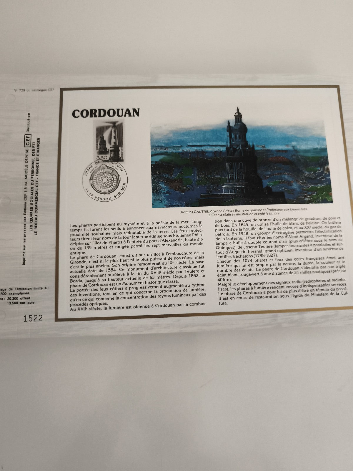 Feuillet CEF Cordouan phare timbre 3,50 F oblitéré illustration Jacques Gauthier