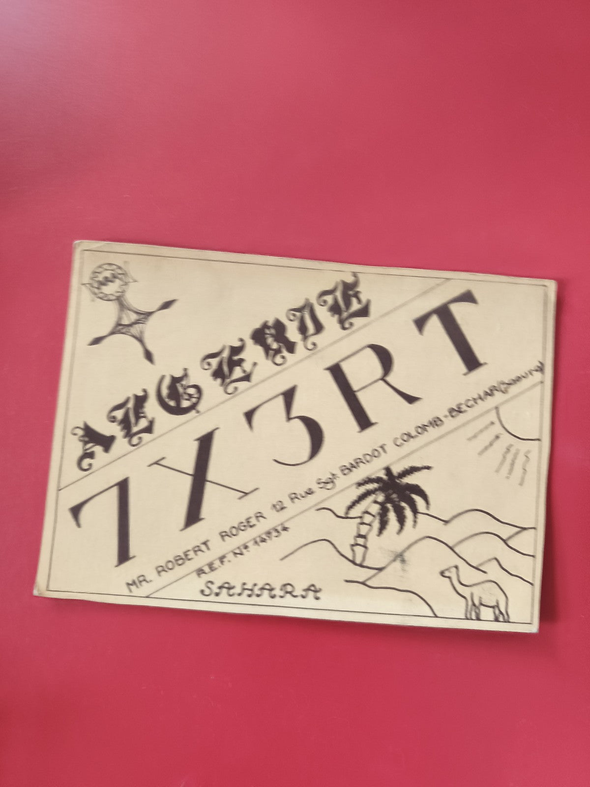 Carte radio 7X3RT Sahara décorée, motif palmier et chameau, calligraphie