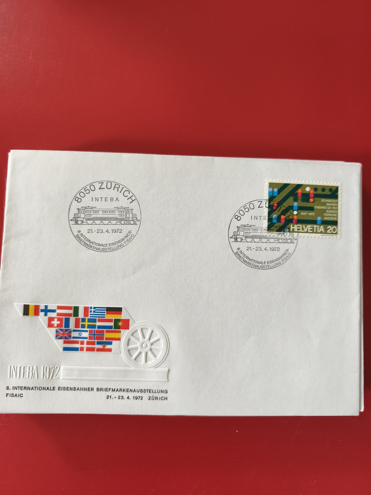 Enveloppe philatélie Zurich INTEBA 1972 timbre Helvetia drapeaux relief