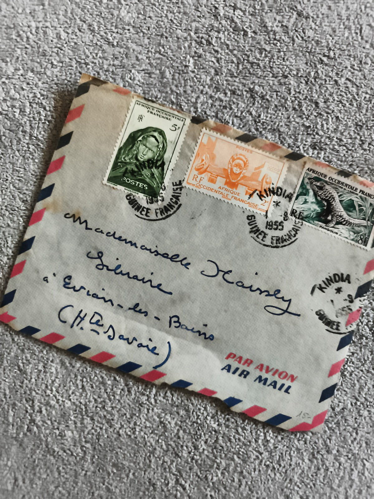 Lettre avion 1955 Afrique Occidentale Française timbres Kindia Guinée philatélie