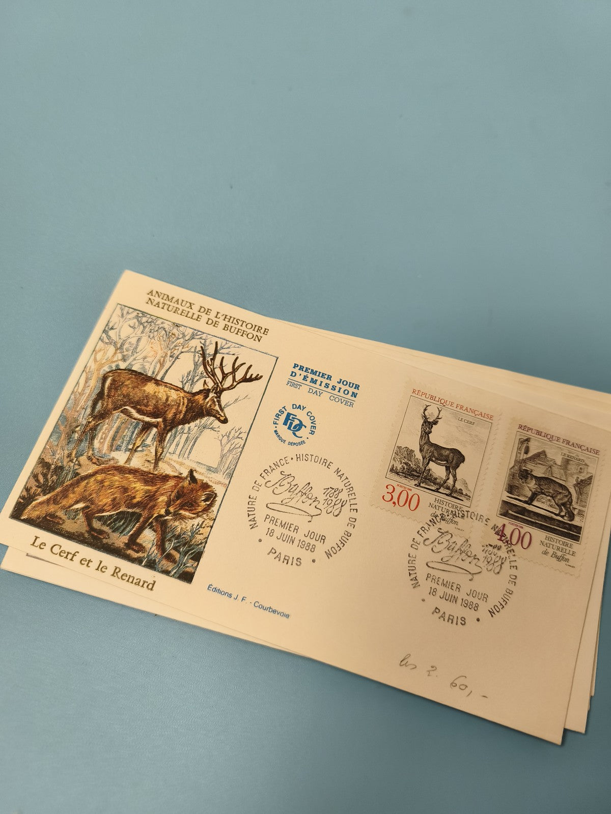 Enveloppe premier jour FDC animaux Buffon cerf renard 1988 timbres France