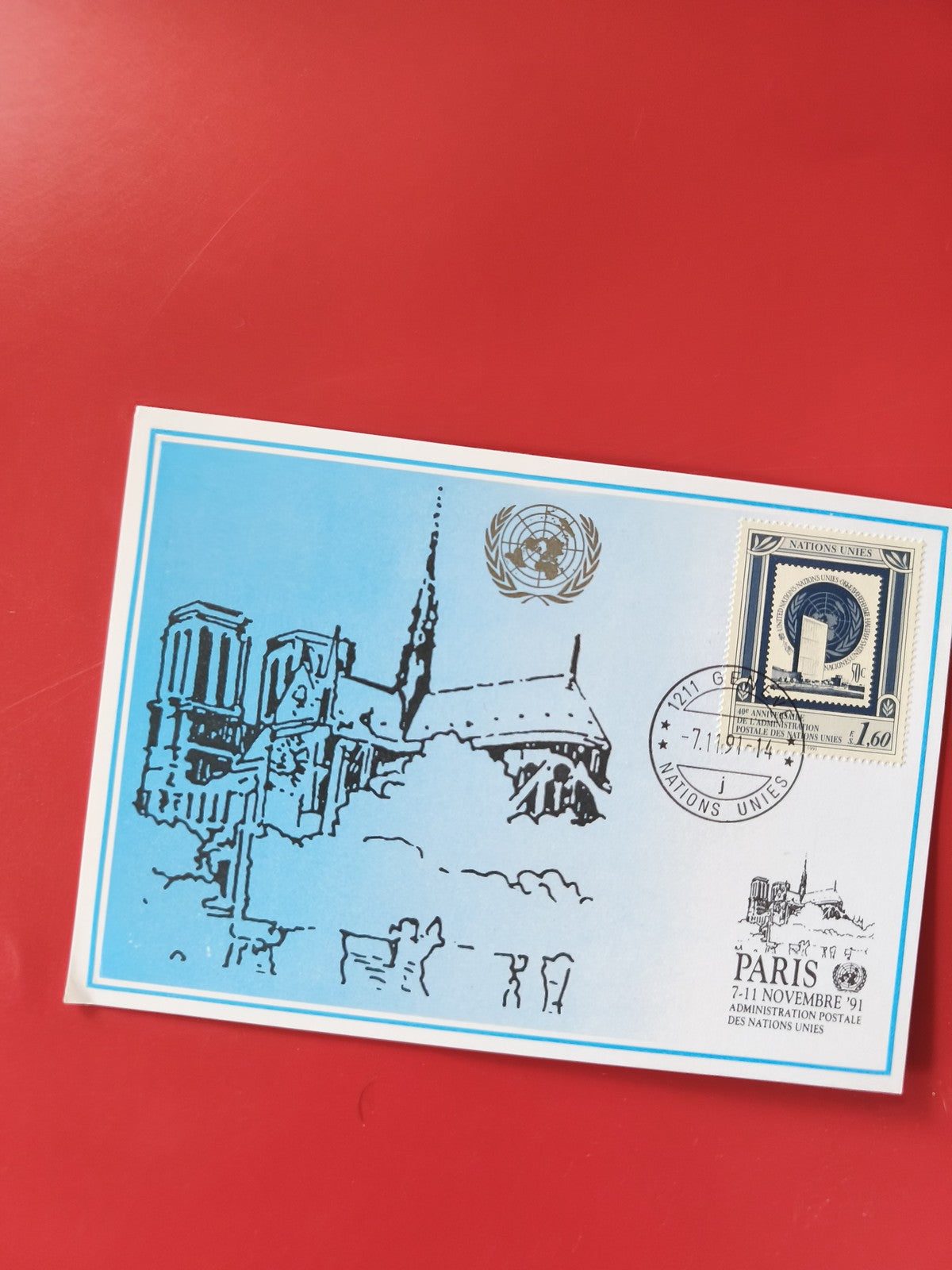 Carte postale philatélie Paris Nations Unies Notre-Dame bleu timbre oblitéré 199