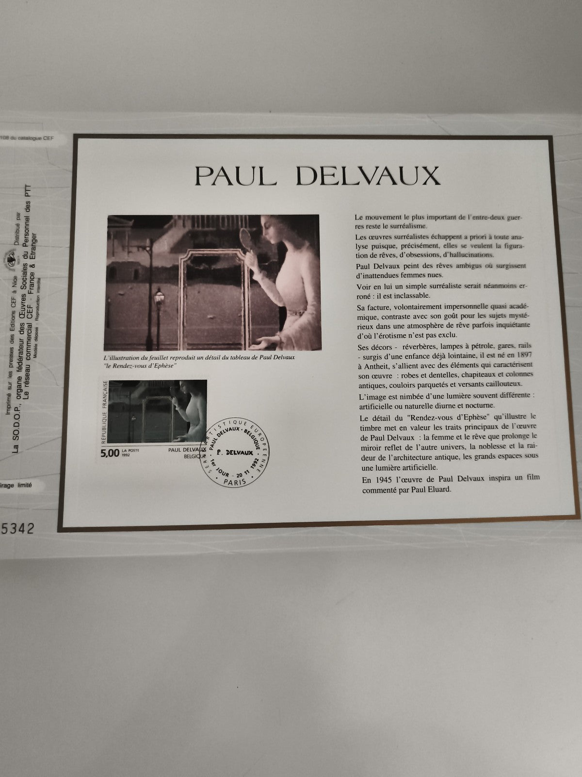 Feuillet CEF Paul Delvaux timbre 5F premier jour philatélie France