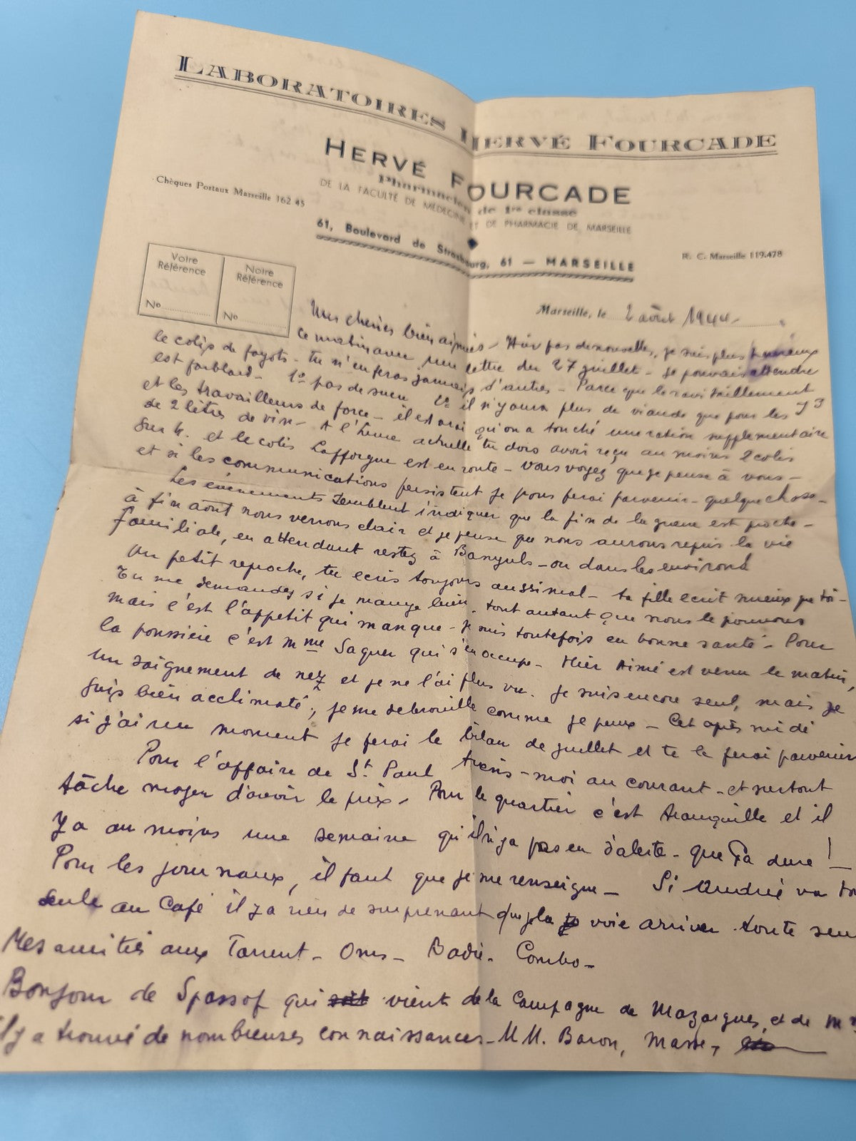 Ancienne lettre manuscrite Laboratoires Hervé Fourcade Marseille 1944 papier vin