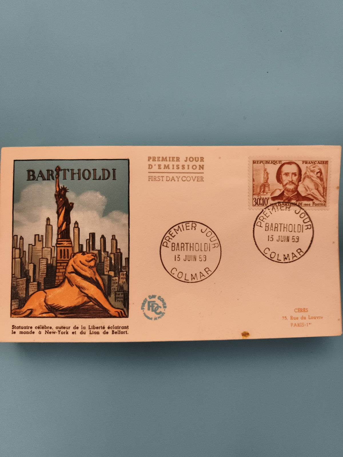 Enveloppe premier jour Bartholidi 1959 Colmar timbre Statue Liberté Lion Belfort