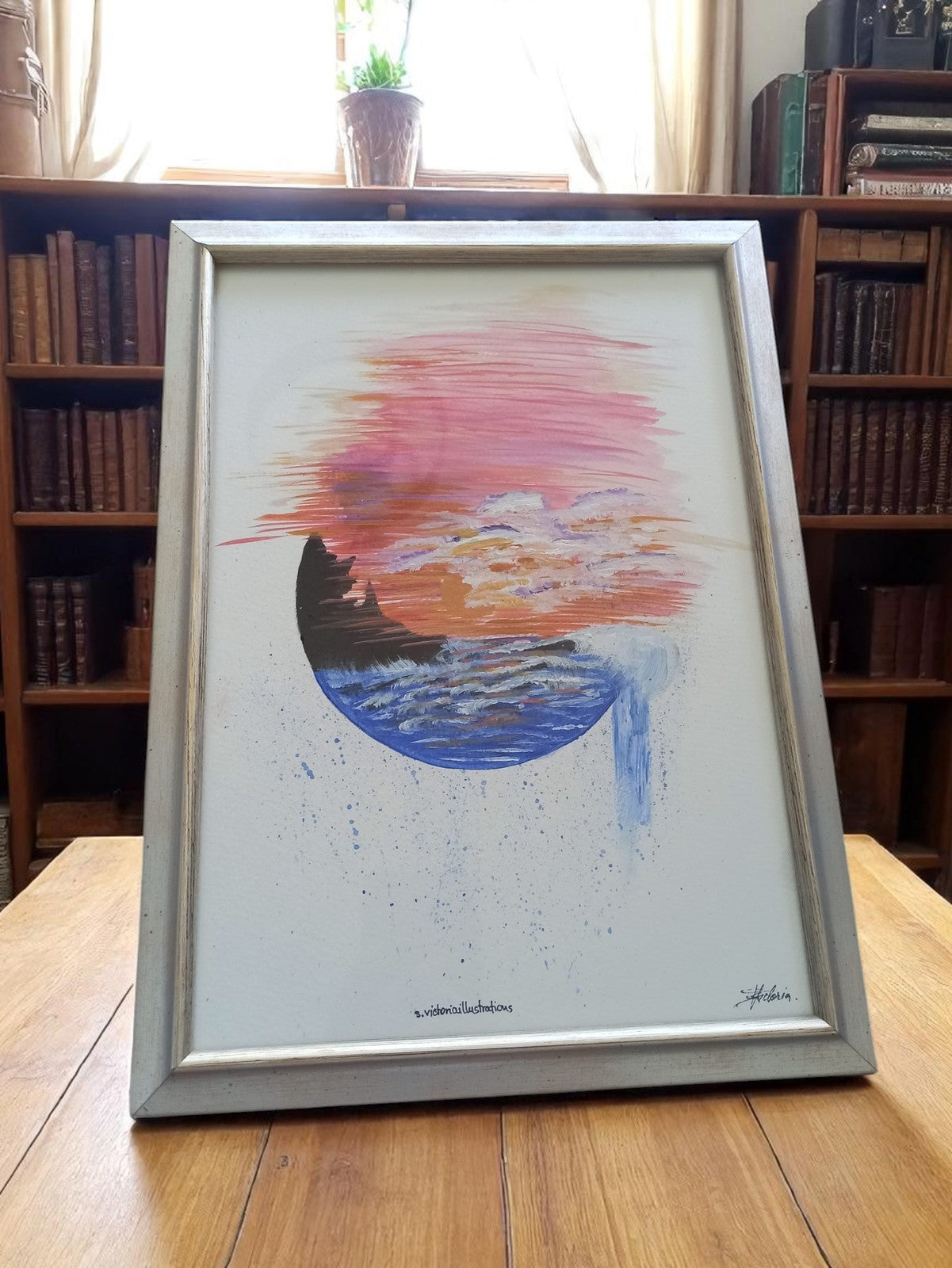 Peinture à l'huile abstraite signée VictoriaIllustrations, cadre argenté vintage