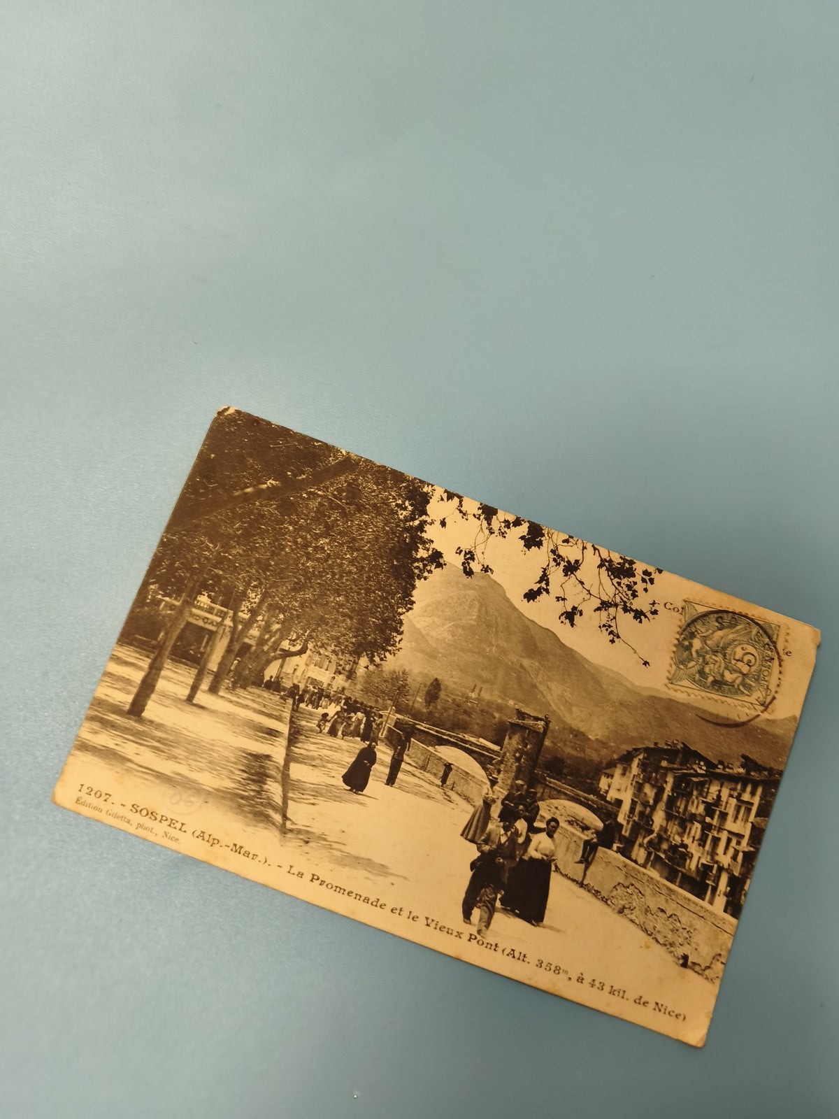 Ancienne carte postale animée Sospel Promenade Vieux Pont sepia vintage