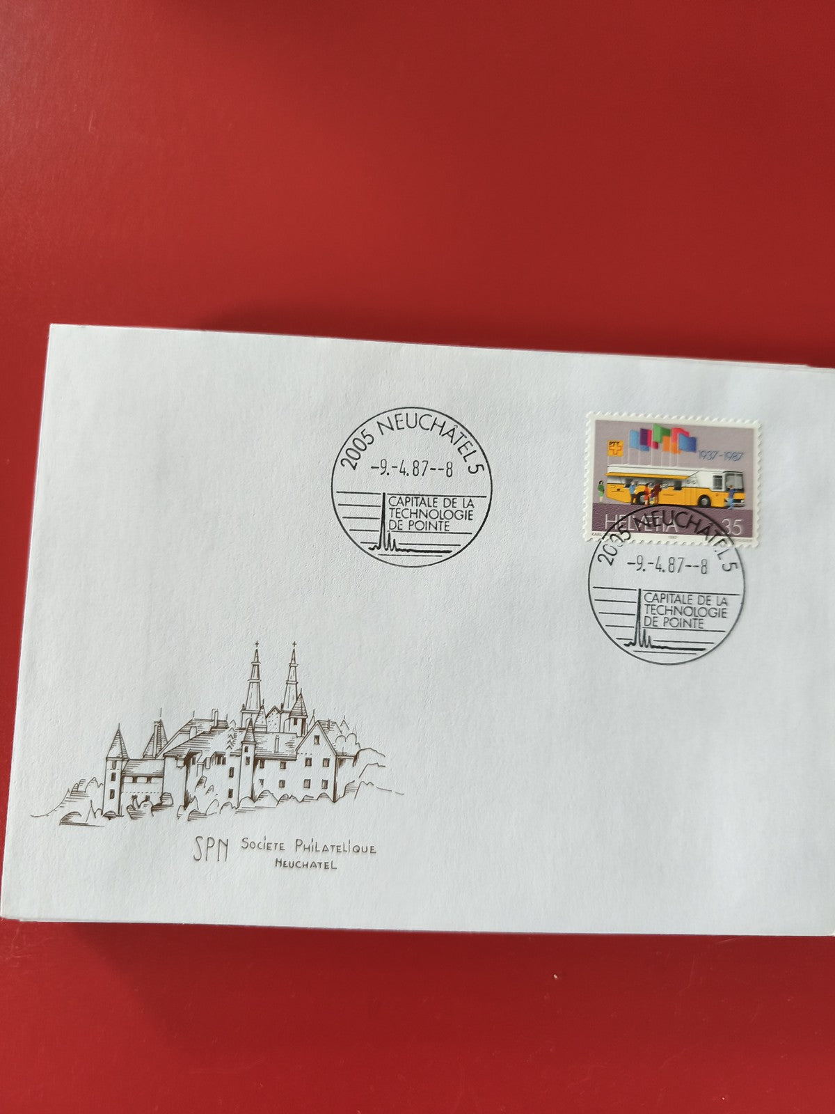 Enveloppe philatélie Neuchâtel SPM timbre illustré cachet 1987 Suisse