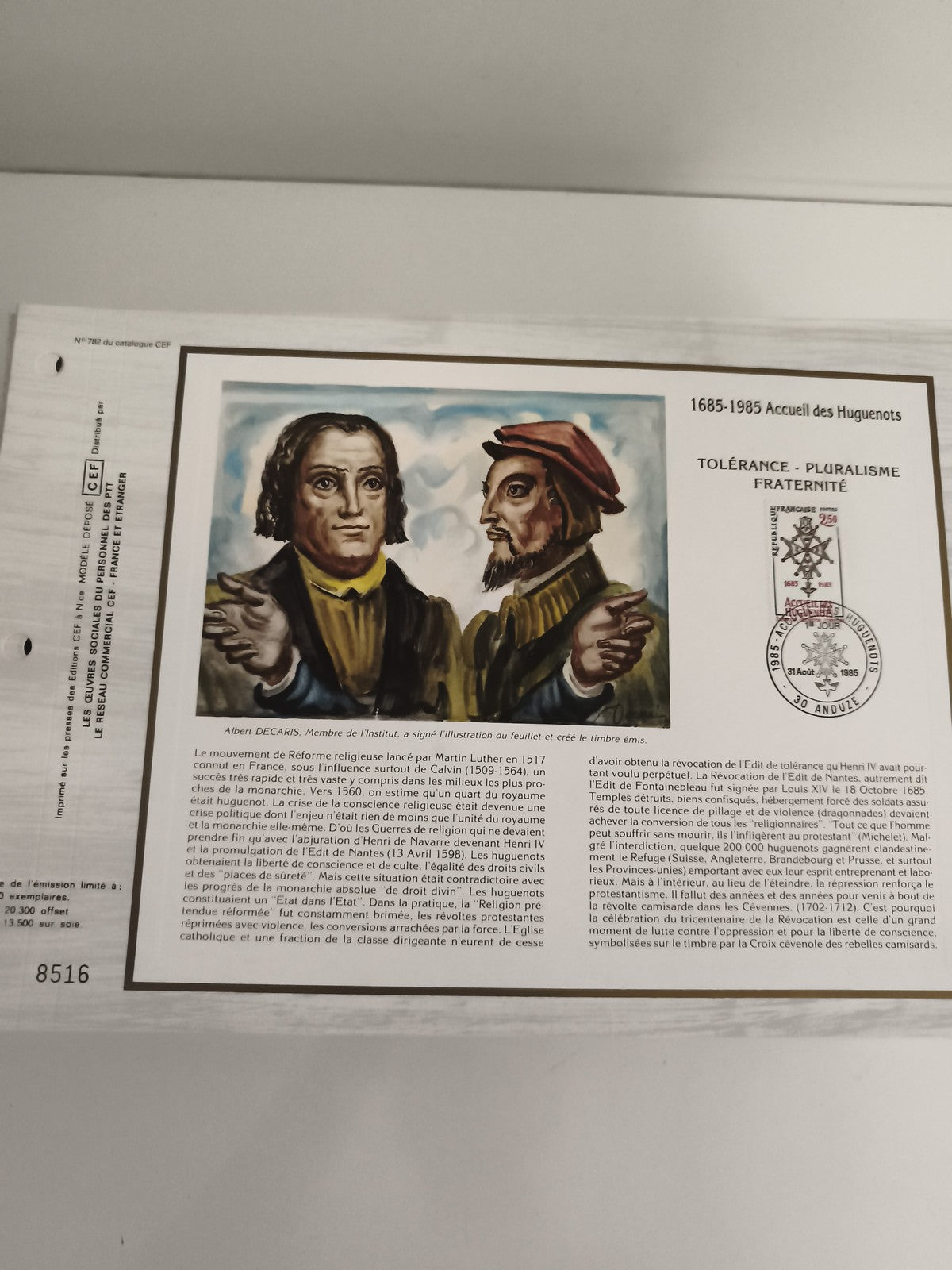 Feuillet philatélique CEF 1685-1985 Accueil des Huguenots tolérance