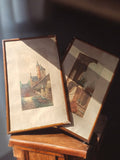 Lithographies anciennes signées, vues urbaines, encadrement bois vintage rétro