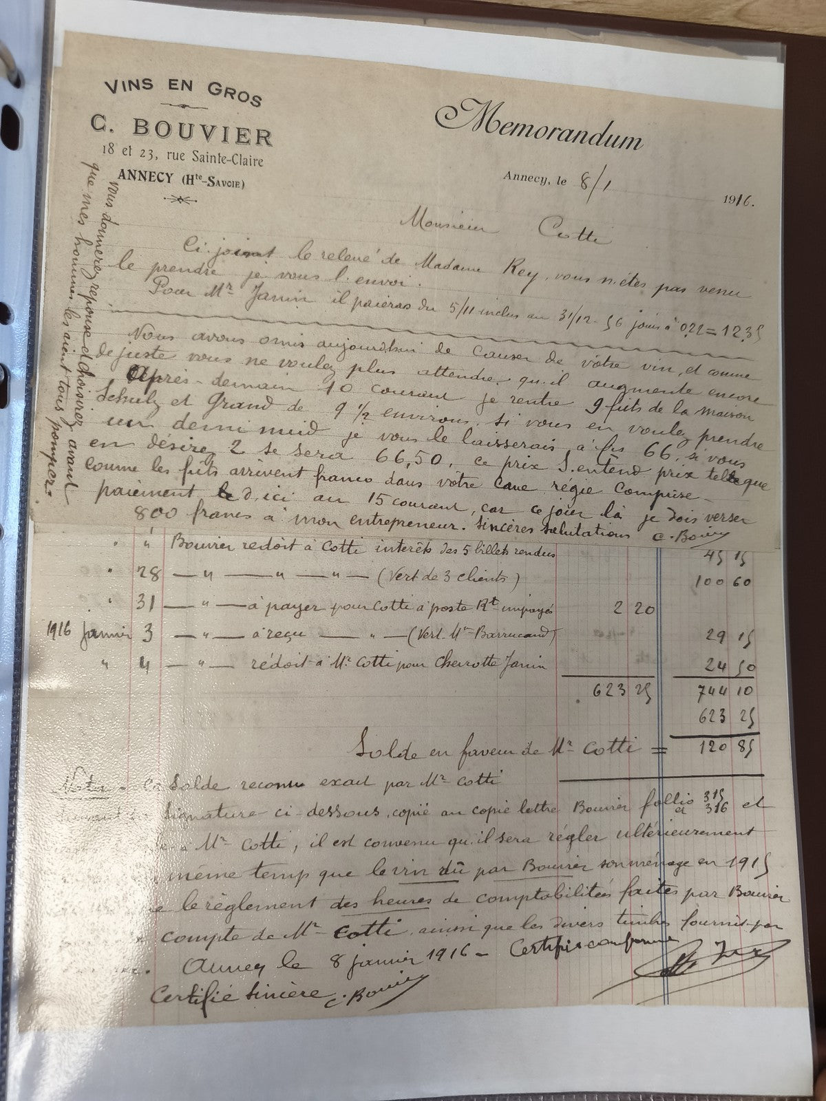 Ancien document manuscrit 1916 Vins en Gros C. Bouvier Annecy Haute-Savoie