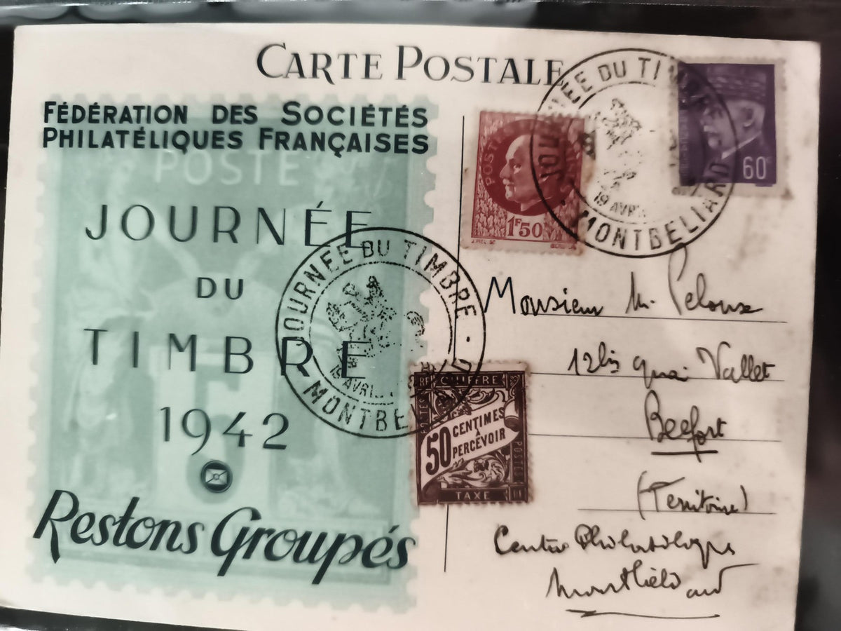 Carte postale ancienne Journée du Timbre 1942 oblitérée timbres Montbéliard