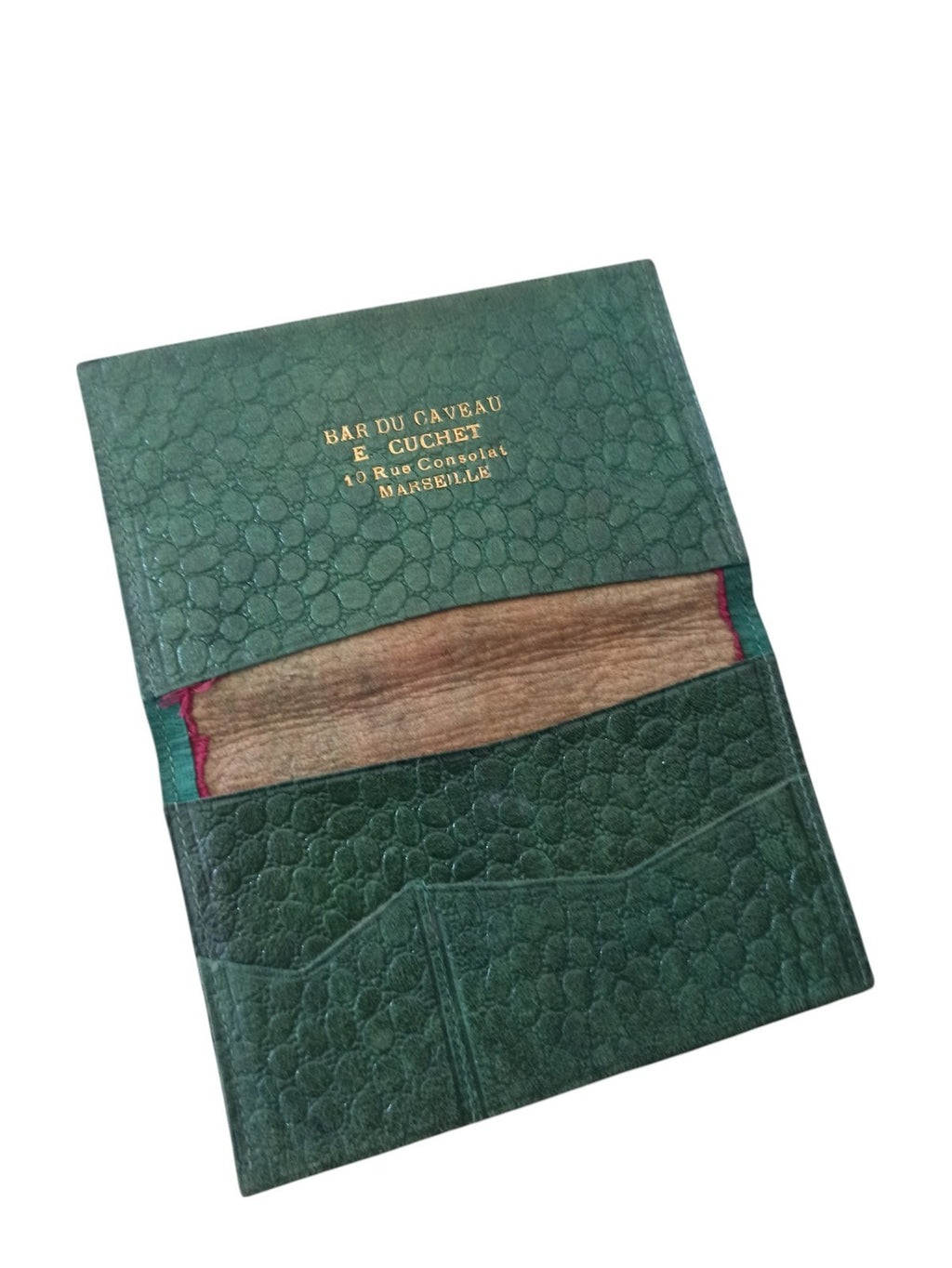 Porte-monnaie vintage cuir vert Bar du Caveau Marseille ancien étui portefeuille
