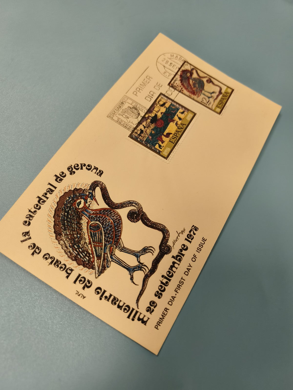 Enveloppe FDC timbre Espagne 1978 premier jour émission Girona motif oiseau