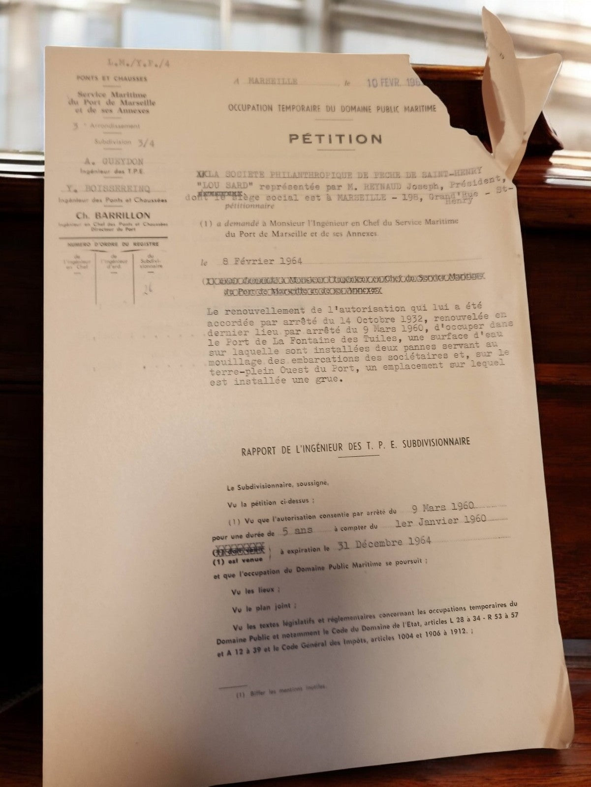 Document administratif ancien Marseille 1964 Ponts et Chaussées domaine public