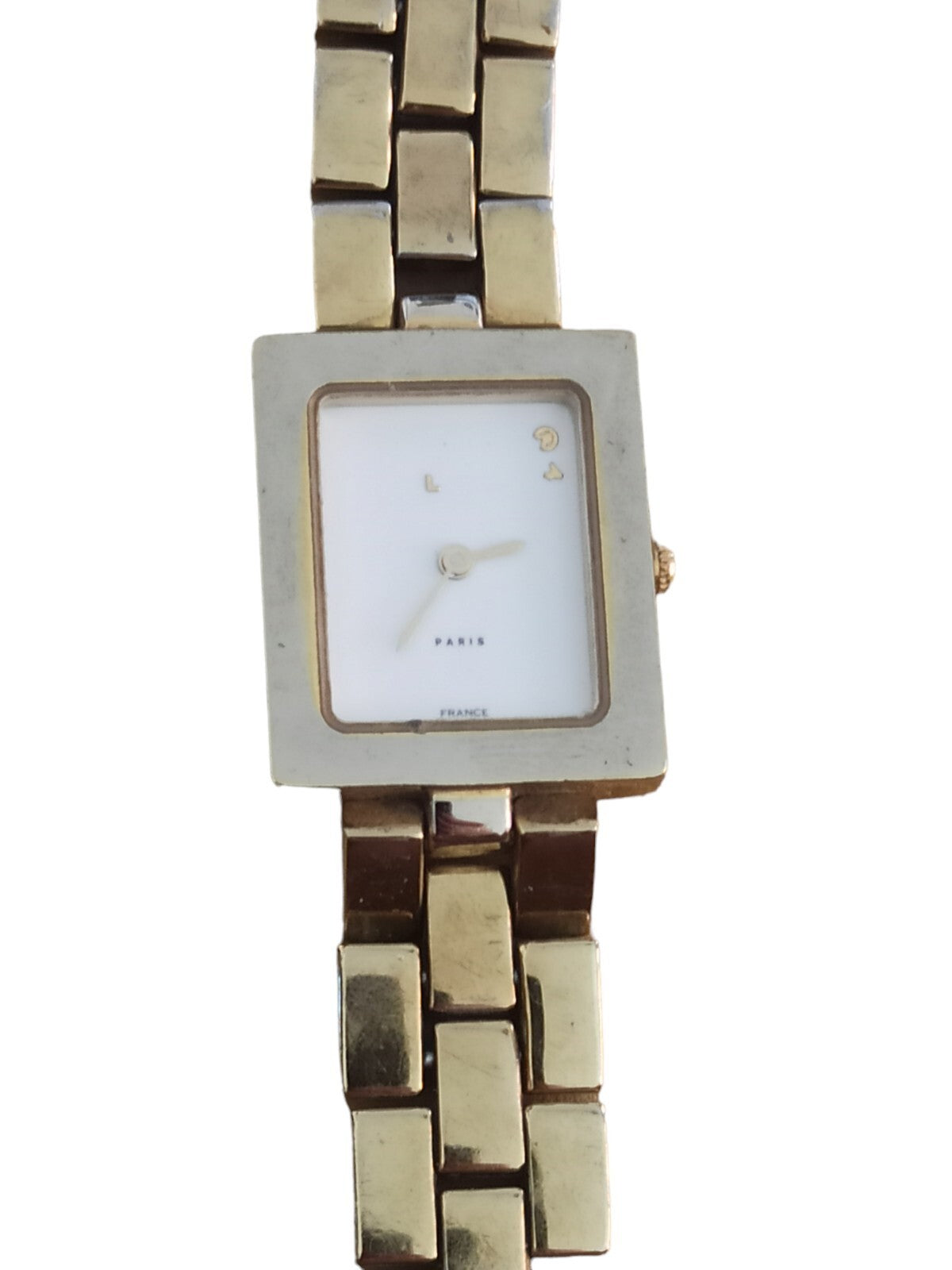 Montre carrée L Paris vintage quartz dorée France bracelet métal années 80