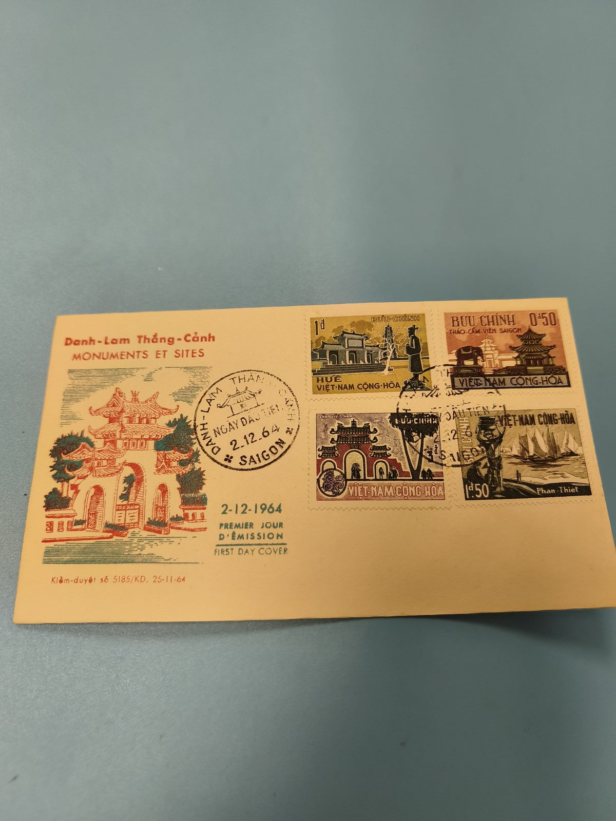 Ancienne enveloppe FDC Vietnam 1964 Monuments et Sites, timbres illustrés