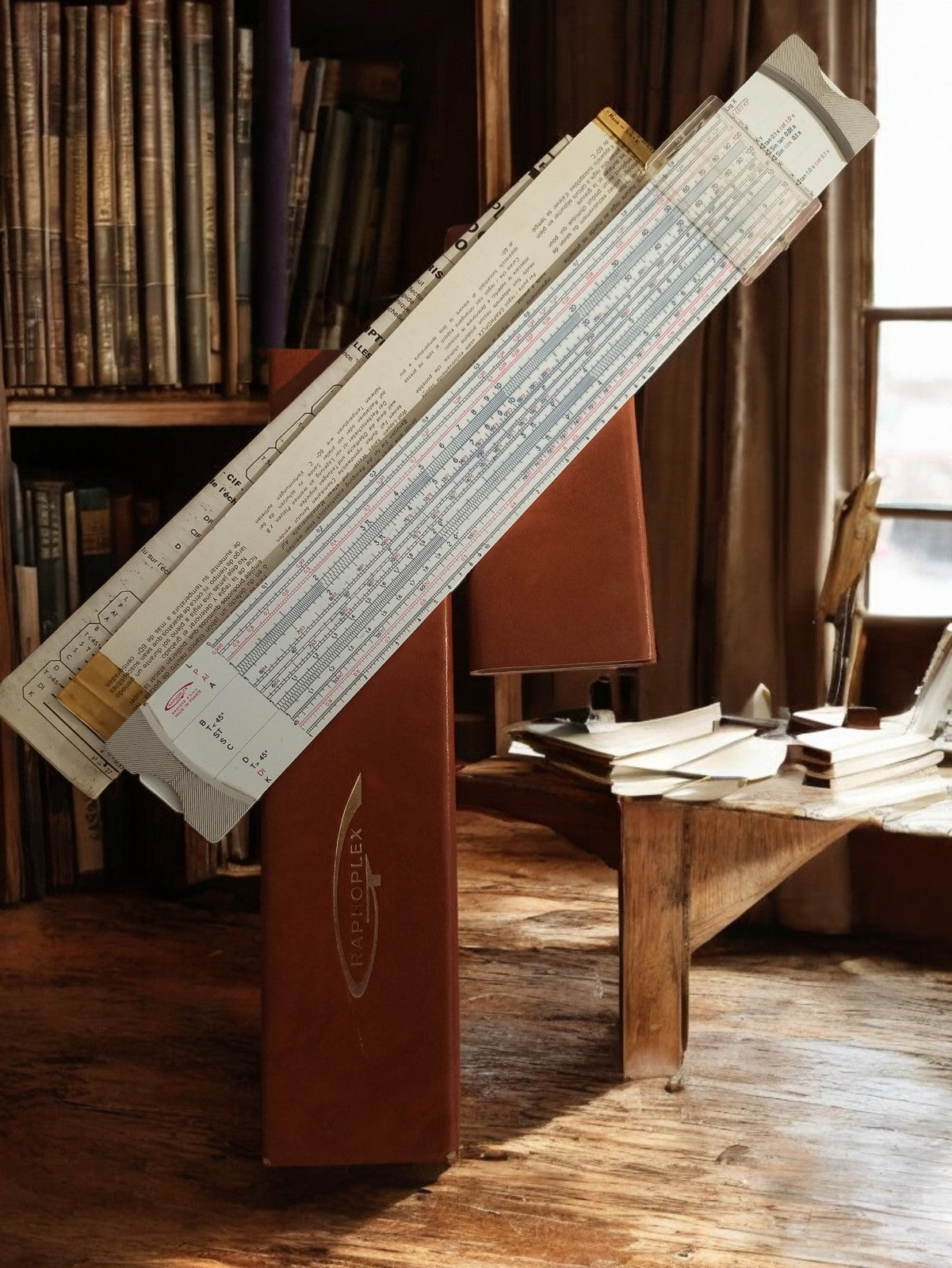 Règle à calcul Raphoplex ancienne avec étui cuir, règle de calcul vintage rétro