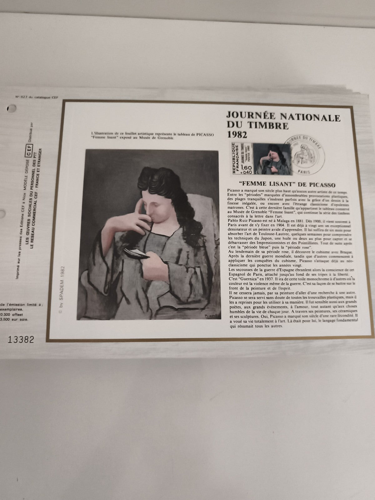 Feuillet philatélique CEF Picasso Femme lisant 1982 Journée du Timbre