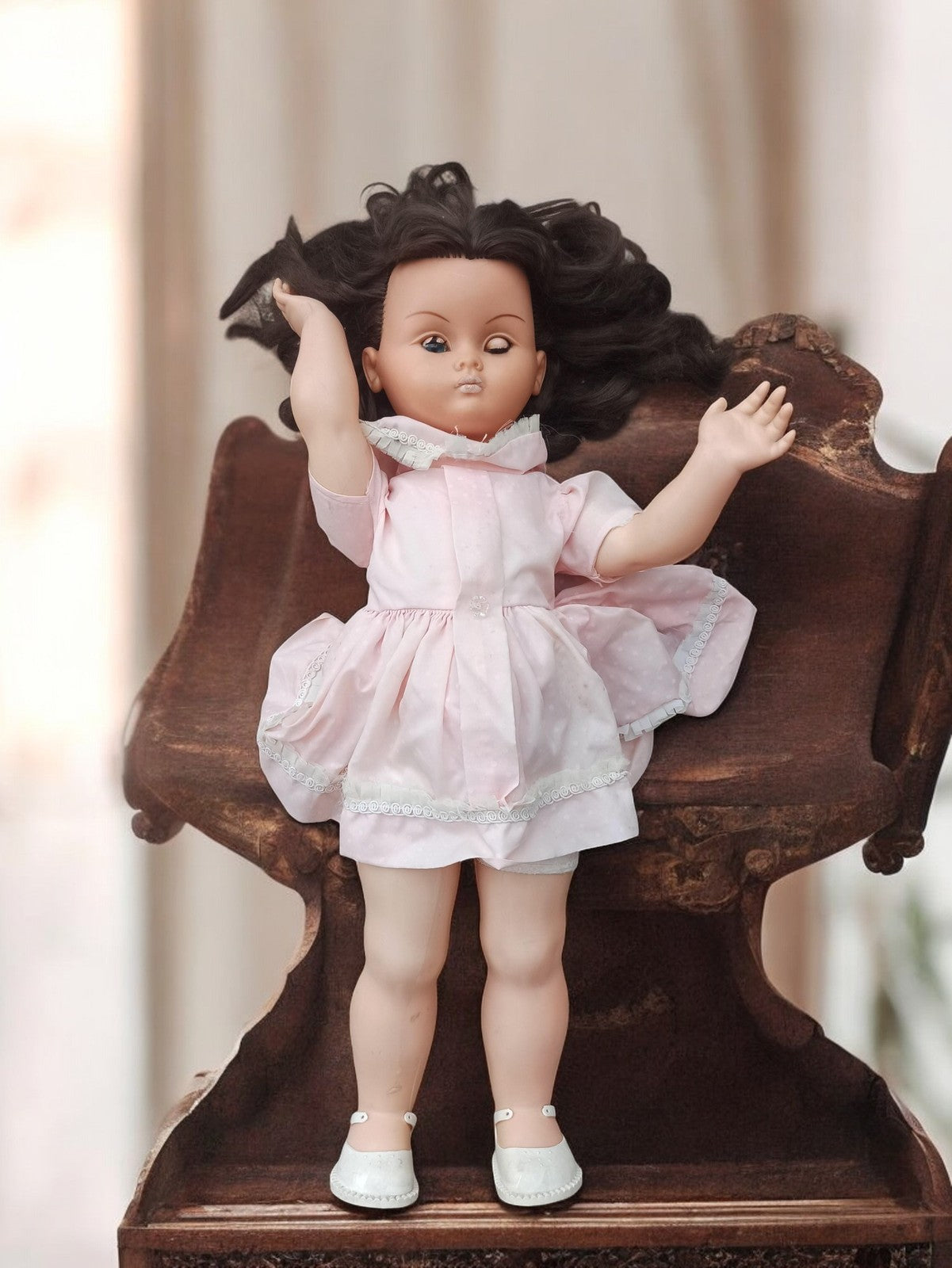 Grande poupée ancienne Bella vintage, robe rose, collection rétro, France