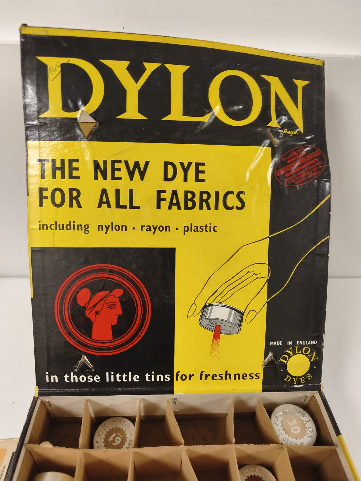 Vintage Dylon présentoir teintures tissu publicitaire ancien boîte métal