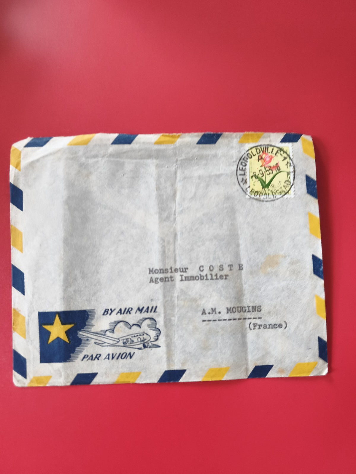 Enveloppe philatélie par avion, bords bleu/jaune, timbre Léopoldville