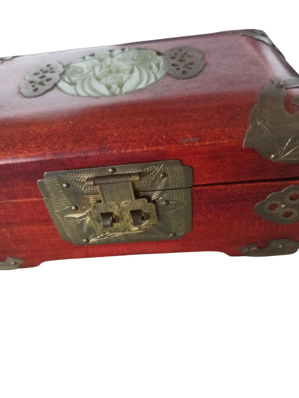 Boîte à bijoux ancienne Chine bois et jade naturel, ferrures métal, déco asiatiq