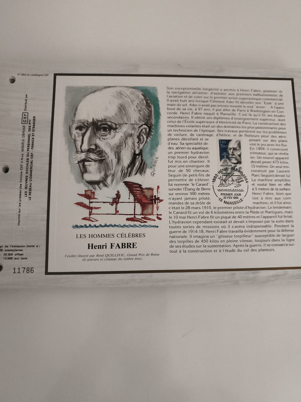 Feuillet philatélique CEF Henri Fabre illustré Quillivic timbre premier jour