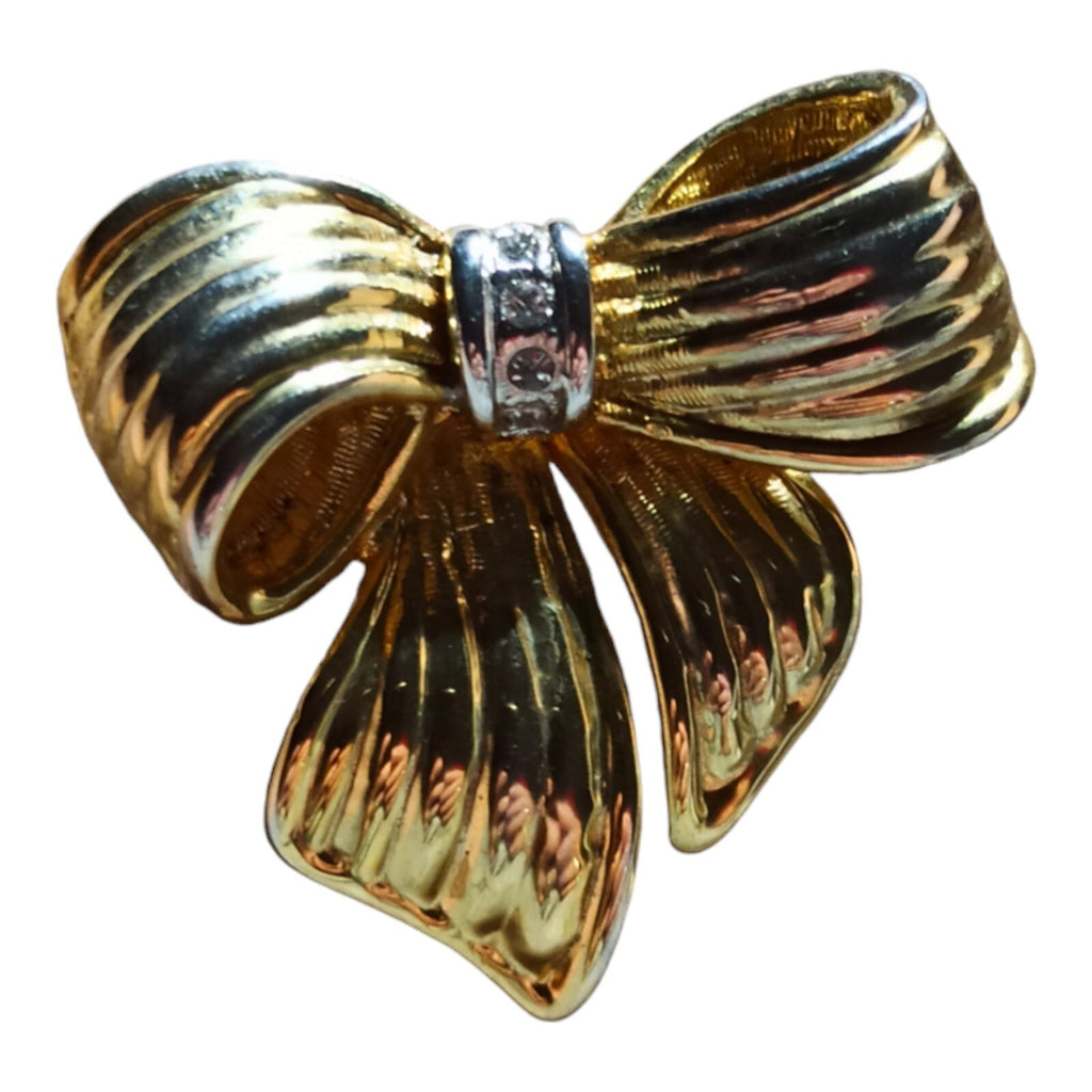 Broche vintage nœud doré travaillé, métal doré, style ruban chic