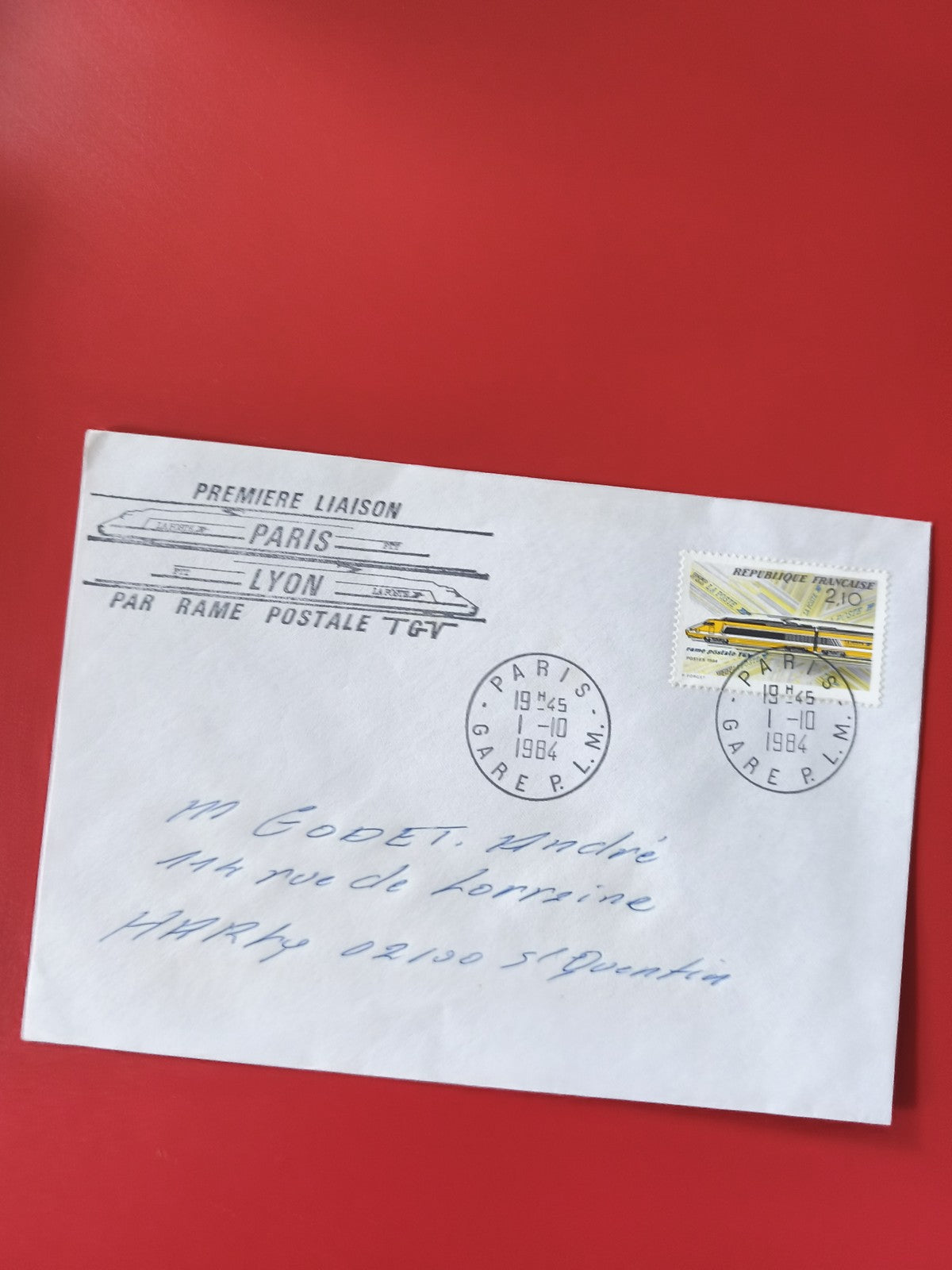 Enveloppe philatélie TGV Paris Lyon 1984 oblitérée, timbre train jaune
