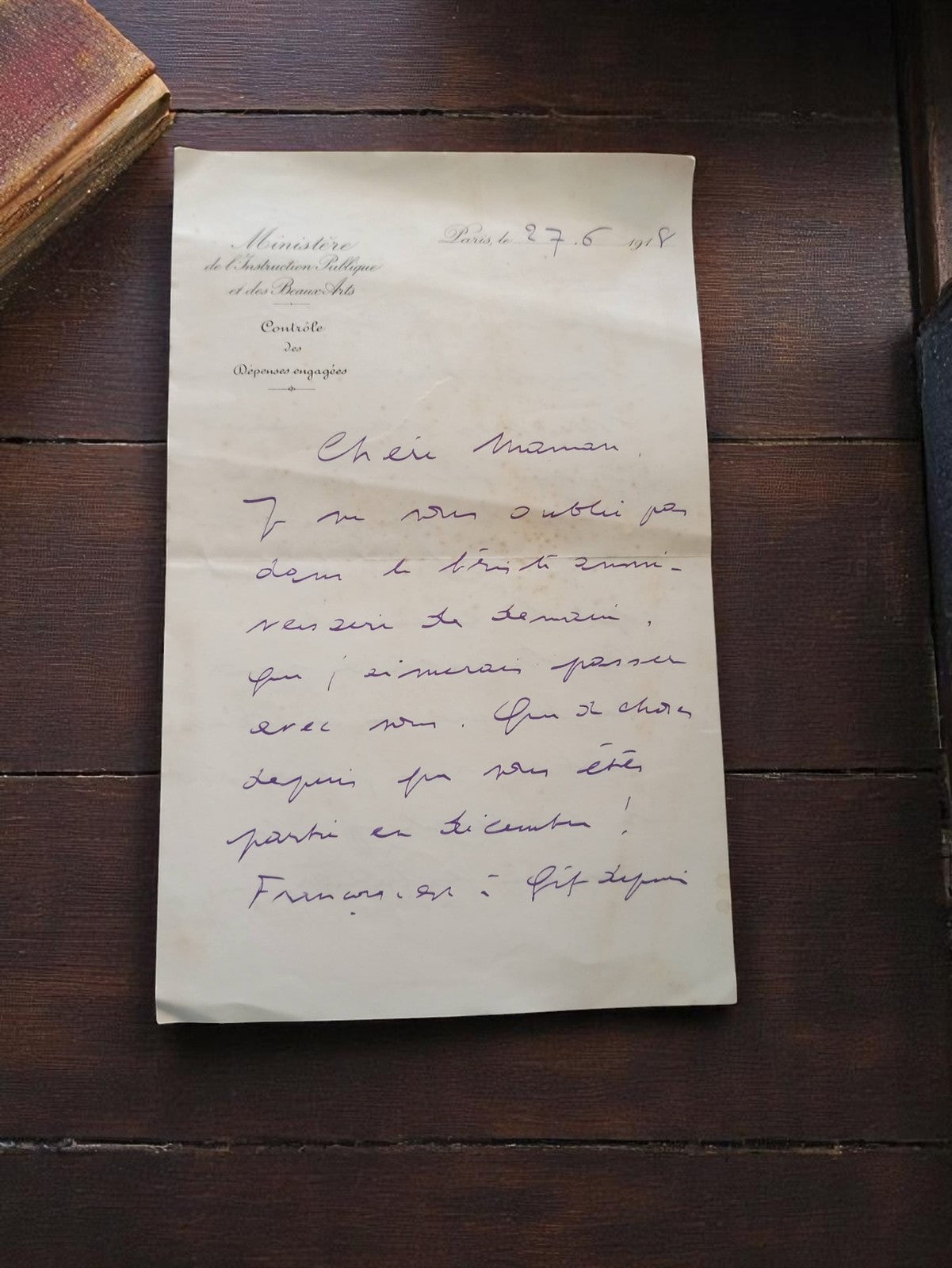 Lettre manuscrite 1918 Ministère Éducation Paris témoignage époque guerre
