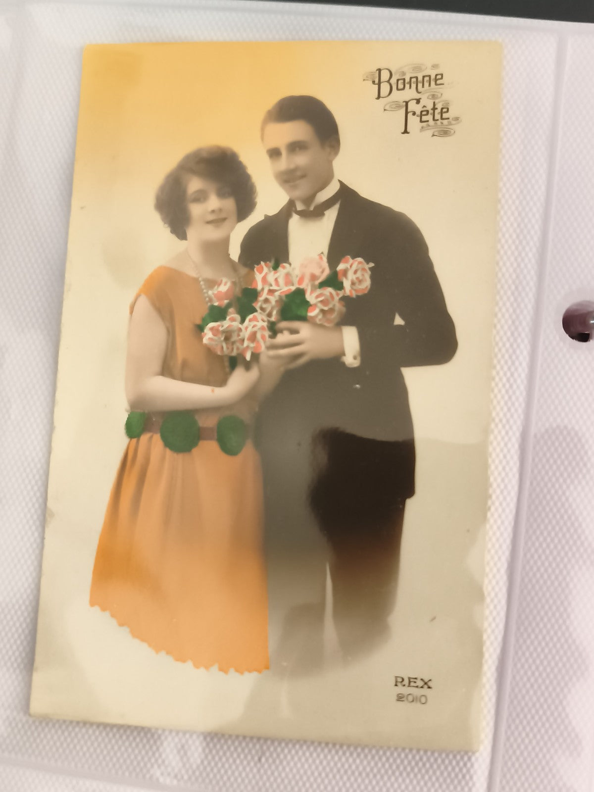 Carte postale ancienne Bonne Fête années 1920 photo colorisée REX CPA vintage
