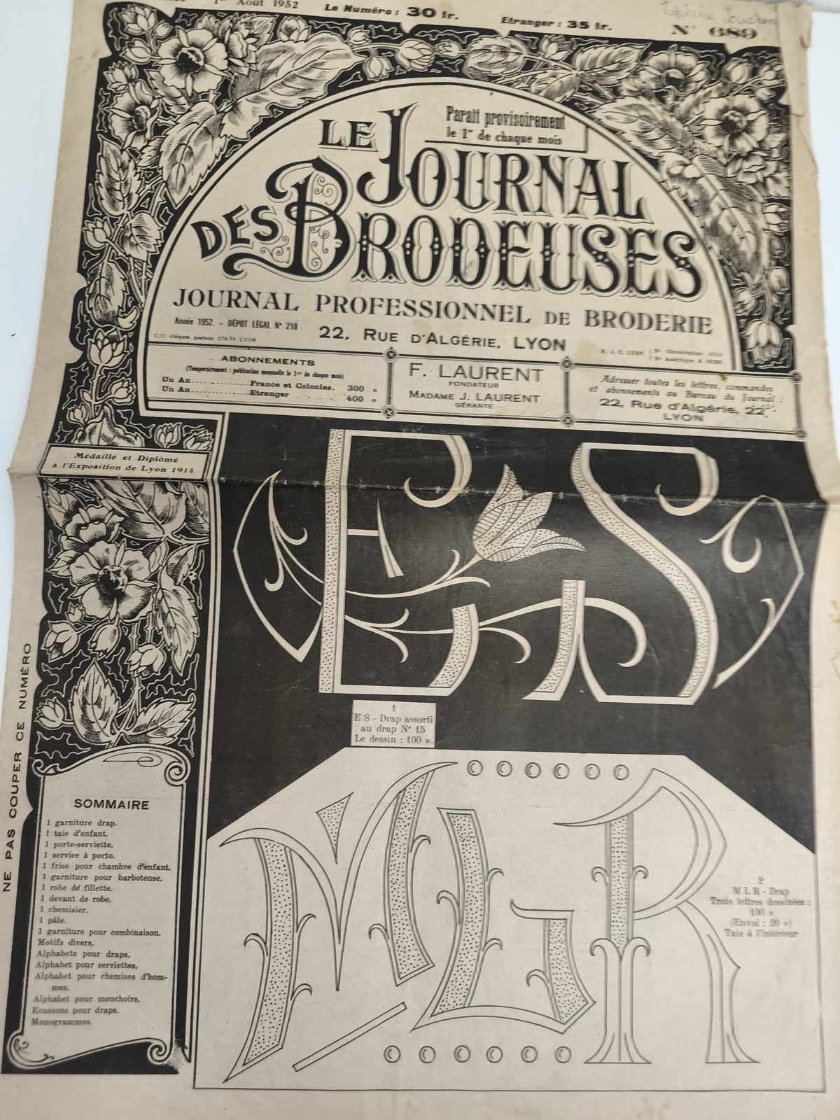 Ancien journal Le Journal des Brodeuses 1952 broderie Lyon motifs alphabets